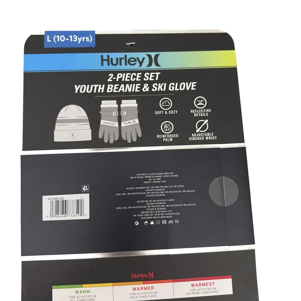 Hurley Youth Beanie and Ski Glove Size L 2-pc Set Reflective Black Orange NWT